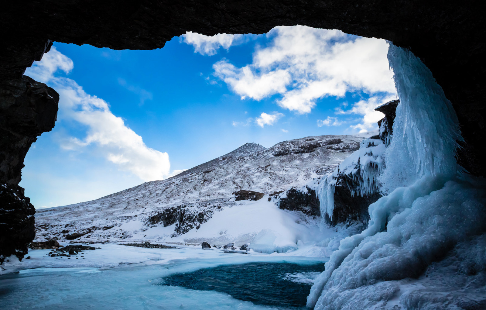 snow, lake, ice, winter, mountains, cave, the grotto