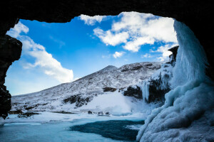 grotta, is, sjö, bergen, snö, grottan, vinter-