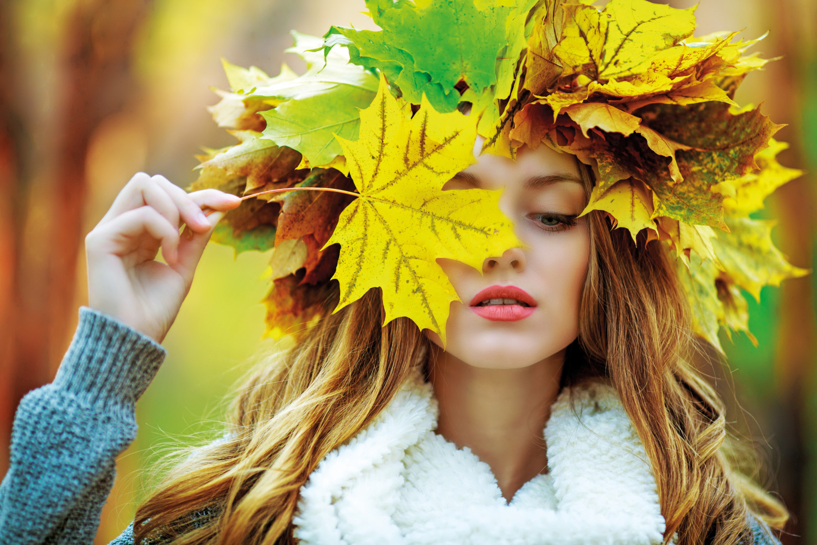 Herbst, Mädchen, Blätter, Ahorn, Herbstblätter, Frau, Fallen