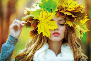 autumn, autumn leaves, Fall, girl, leaves, maple, Woman