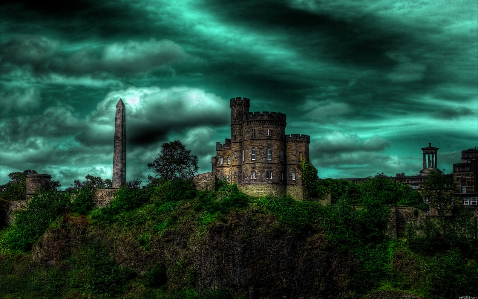 niebo, drzewa, chmury, zamek, nachylenie, HDR, obelisk