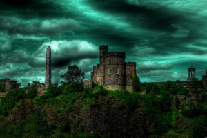 castillo, nubes, HDR, obelisco, Pendiente, el cielo, arboles