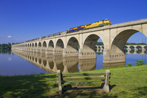 Bridge, locomotive, river, the sky, train, trees