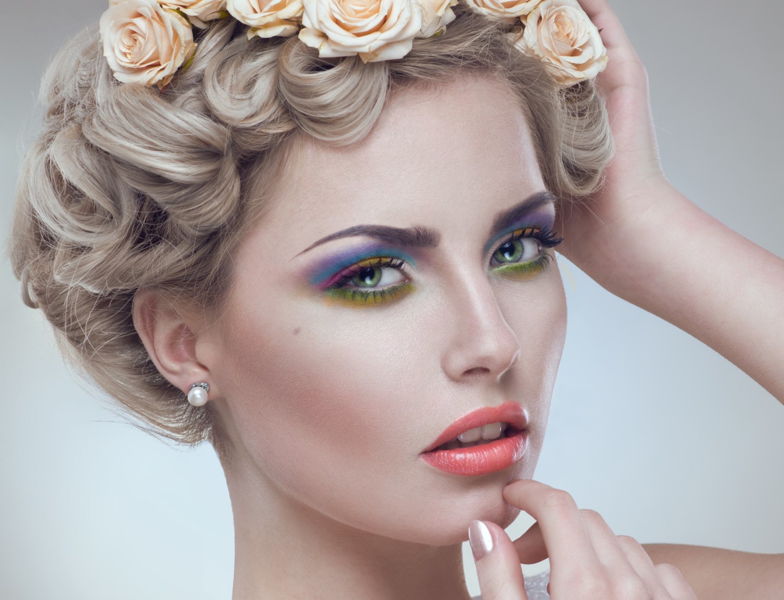 se, hånd, blond, blomster, model, makeup, frisure, hår