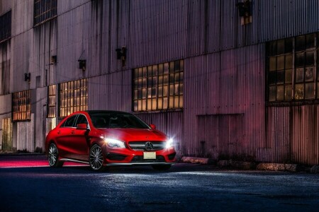 AMG, coche, CLA45, Frente, Ligero, Mercedes-Benz, noche, rojo