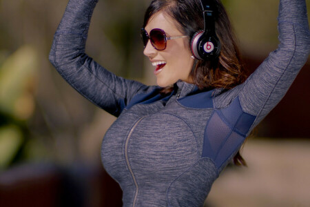 BEAUTY, chest, denise milani, girl, glasses, Headphones, model, smile