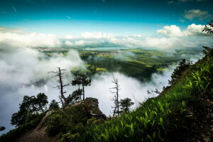 clouds, field, height, nature, panorama