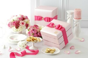 bouquet, bow, box, candle, cookies, decor, flowers, petals