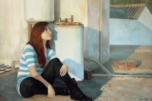 art, girl, jacket, look, Painting, sitting