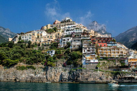 chmury, Dom, Włochy, Góra, Positano, Salerno, nachylenie, niebo