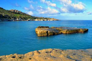 bukt, Gnejna Bay, Malta, bergarter, hav, himmelen