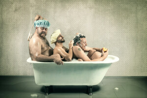 bath, take, three men