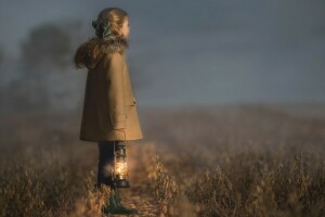 field, fog, girl, lamp