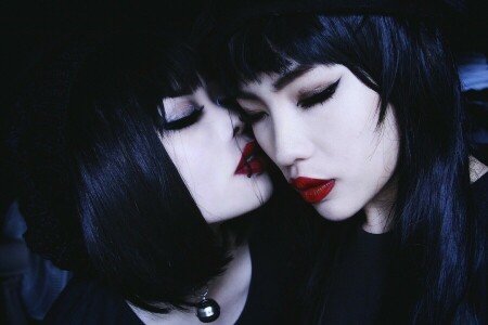 close-up, girls, red lips, Wylon To Hayashi