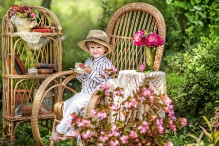 boeken, jongen, stoel, Childhood, comfort, huisje, bloemen, Tuin