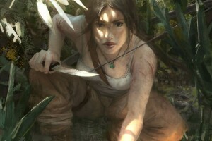 art, face, hair, Hunter, knife, Lara Croft, look, Mike