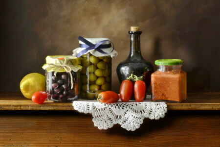 background, bottle, Citrus, dishes, napkin, preserving, table, vegetables