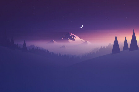 abstraction, minimalism, moon, Mountain, purple