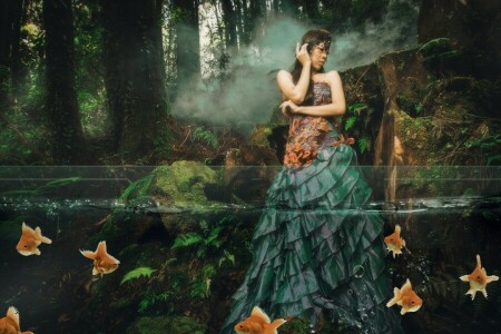 asian, dress, fish, forest, girl, the situation, water