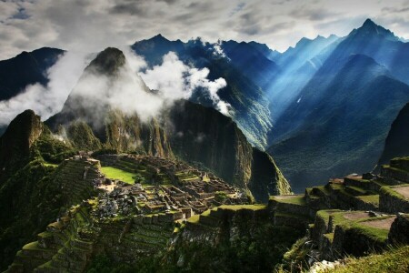 starověk, mraky, mlha, Machu Picchu, ráno, hory, Peru, Paprsky