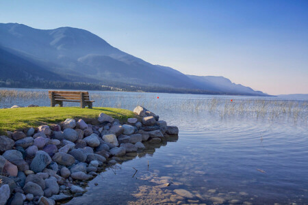 bench, British columbia, Canada, lake Columbia, mountains