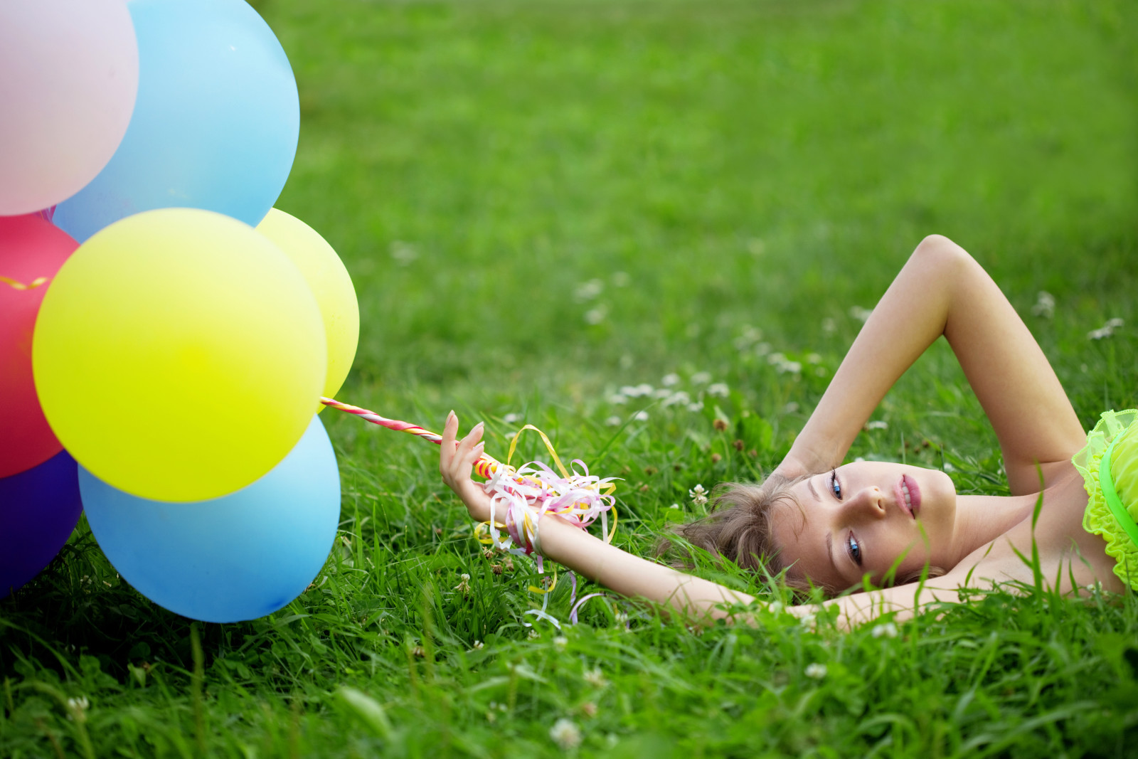 grass, girl, brown hair, balloons, clover, blue-eyed