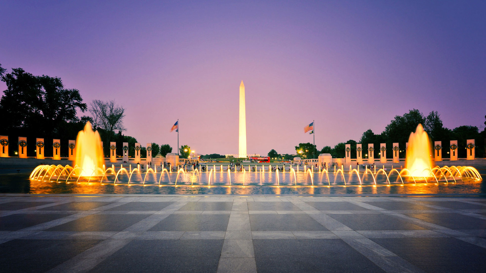 večer, světla, USA, DC, Washington, fontána, obelisk