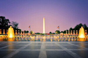 DC, fontána, světla, obelisk, večer, USA, Washington