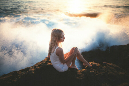 girl, legs, stone, surf