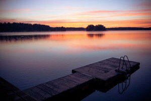 Bro, innsjø, landskap, solnedgang