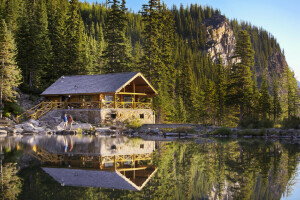 Agnes Lake, Alberta, Banff, Banff nasjonalpark, vakker, Canada, skog, hus