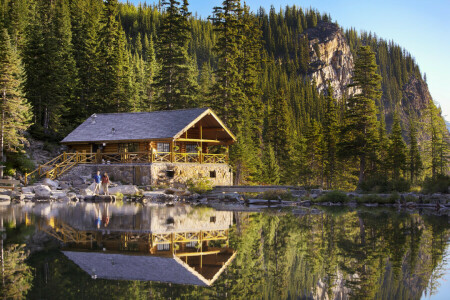 Agnes-tó, Alberta, Banff, Banff Nemzeti Park, szép, Kanada, erdő, ház