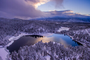 Arizona, AZ, chmury, las, Goldwater Lake, jezioro, jezioro Goldwater, panorama