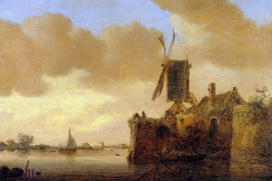 båd, hus, Jan van Goyen, Flodlandskab, sejle, VINDMØLLE