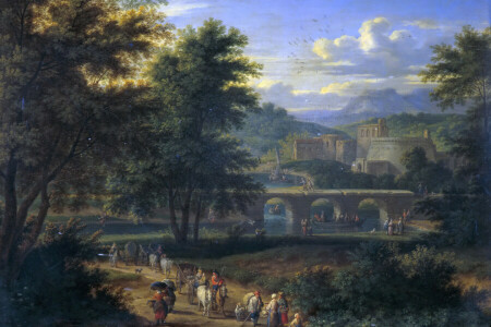 Adrian Frans Boudewyns, Bridge, castle, people, picture, trees