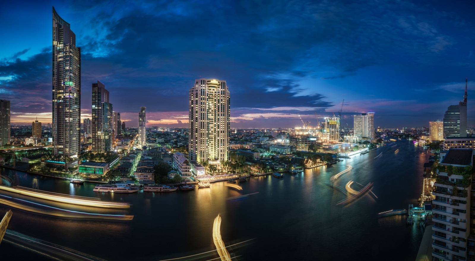 rio, cidade da noite, arranha-céus, construção, Tailândia, Bangkok, Rio Chao Phraya, O rio Chao Phraya