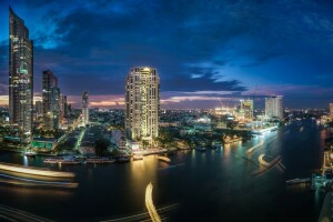 Bangkok, épület, Chao Phraya folyó, Khlong San kerület, Khlongsan, éjszakai város, folyó, felhőkarcoló