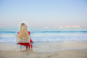 blonde, dress, girl, hair, legs, relax, sea, stay