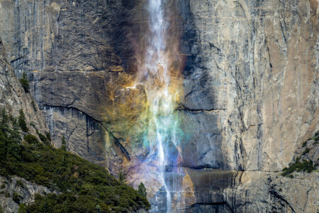 Mountain, nature, rainbow, rock, waterfall, yosemite valley