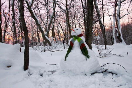 bonhomme de neige, le coucher du soleil, hiver