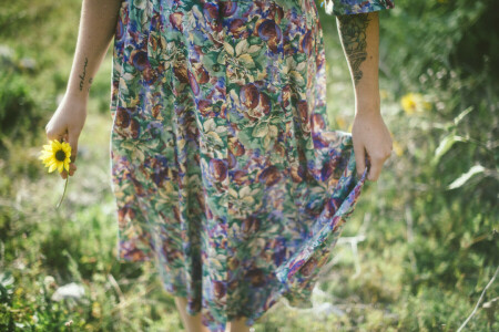 dress, flower, hands, tattoo, yellow petals