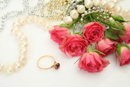 beads, bouquet, decoration, ring, roses