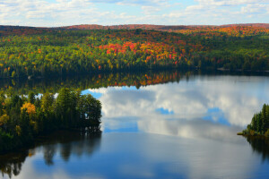 autumn, clouds, forest, hills, lake, the sky