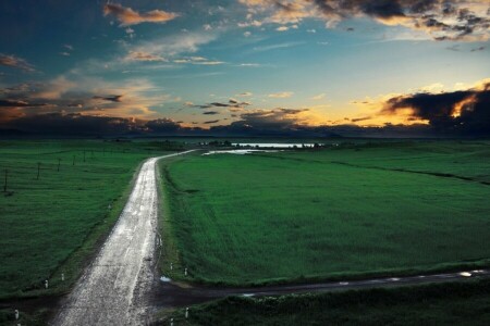 moln, fält, Fields, gräs, väg, himmel, himmelen