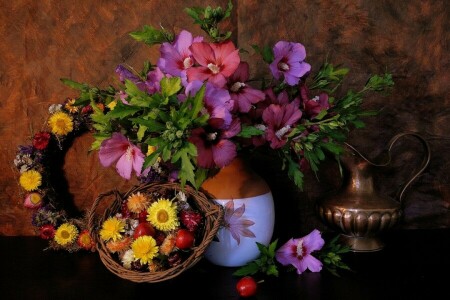 maçãs, Helichrysum, malva, jarro, Ranetki, vaso, guirlanda