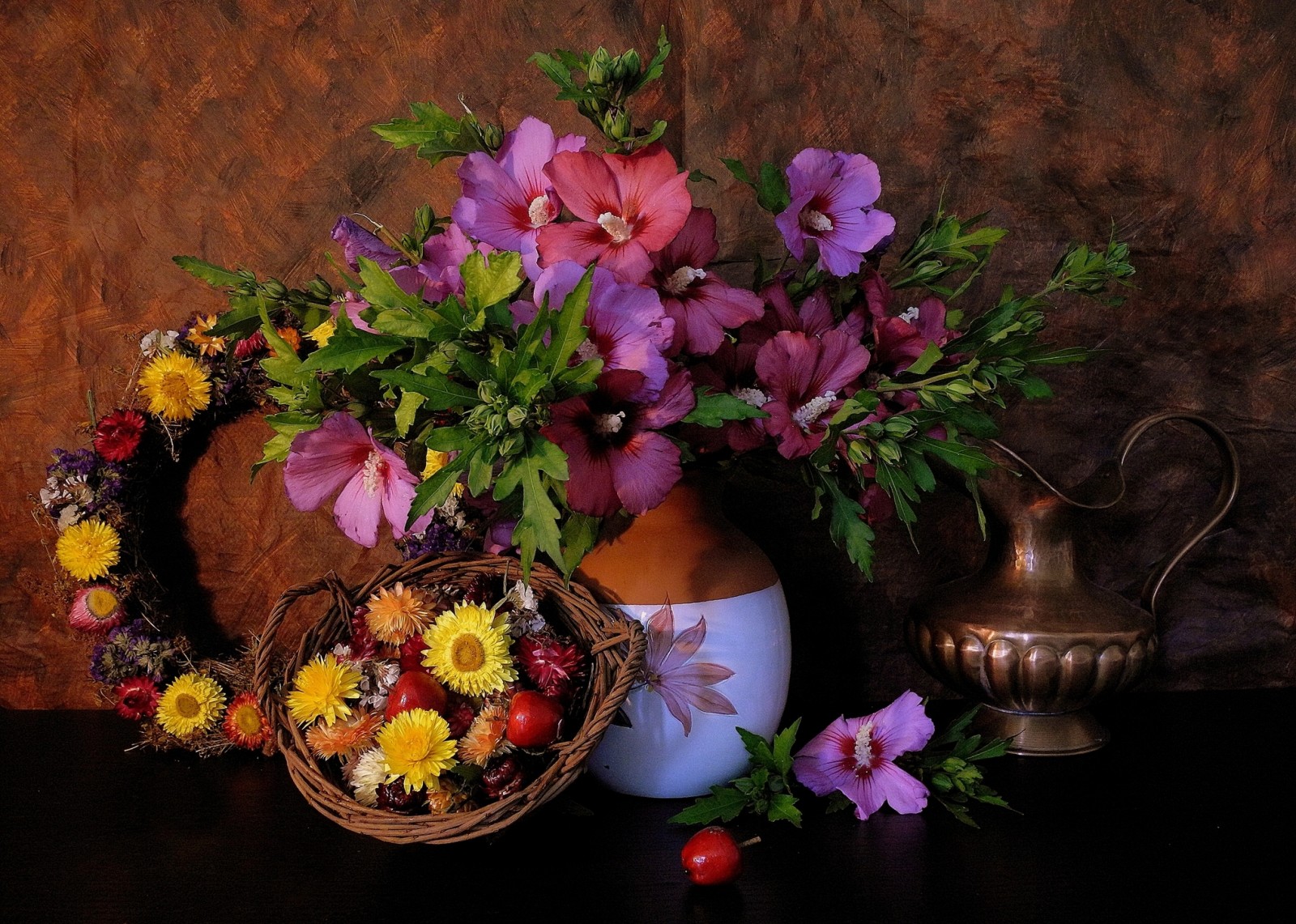 Äpfel, Vase, Krug, Kranz, Malve, Ranetki, Helichrysum