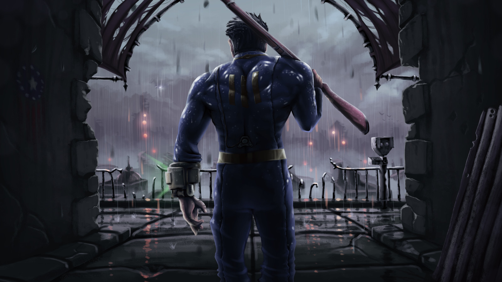 la ville, art, pluie, Bethesda, Fallout 4, Le pistolet, postapokalipsis, 111