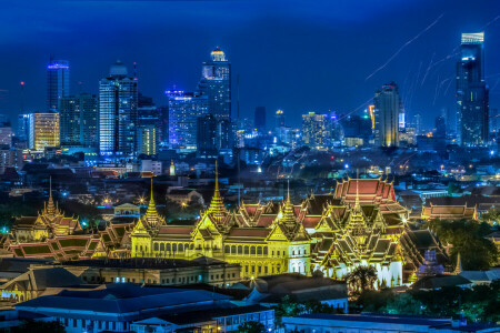 Bangkok, fesztivál, ünnep, itthon, Lámpák, éjszaka, panoráma, Thaiföld