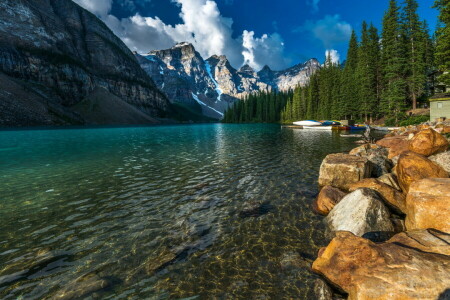 Banff, Banff National Park, boats, Canada, forest, Glacier, house, lake