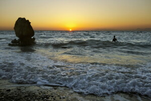 landscape, people, sea, sunset